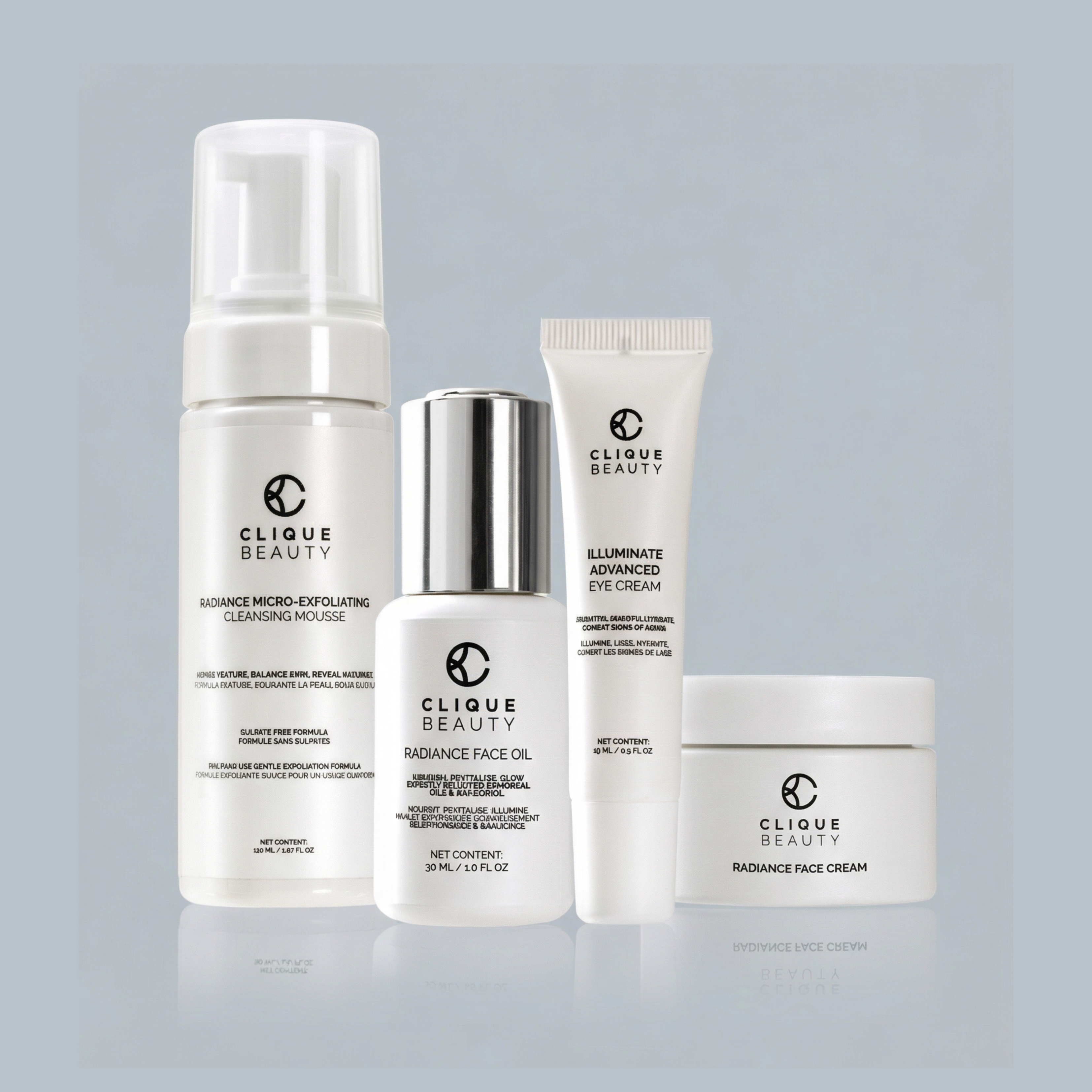 Set of Clique Beauty skincare products on a gray background