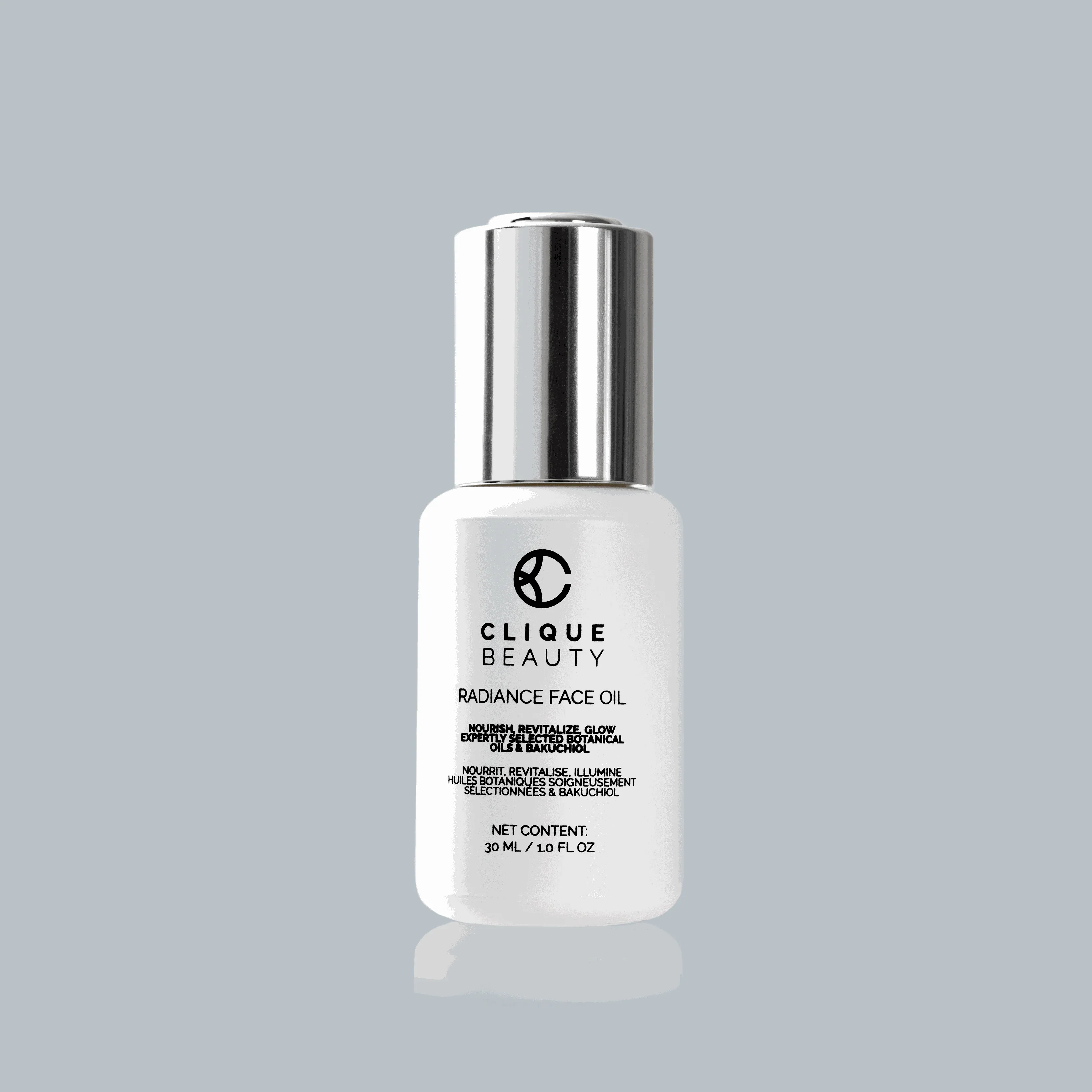 White bottle with silver cap labeled 'Clique Beauty' on a light gray background