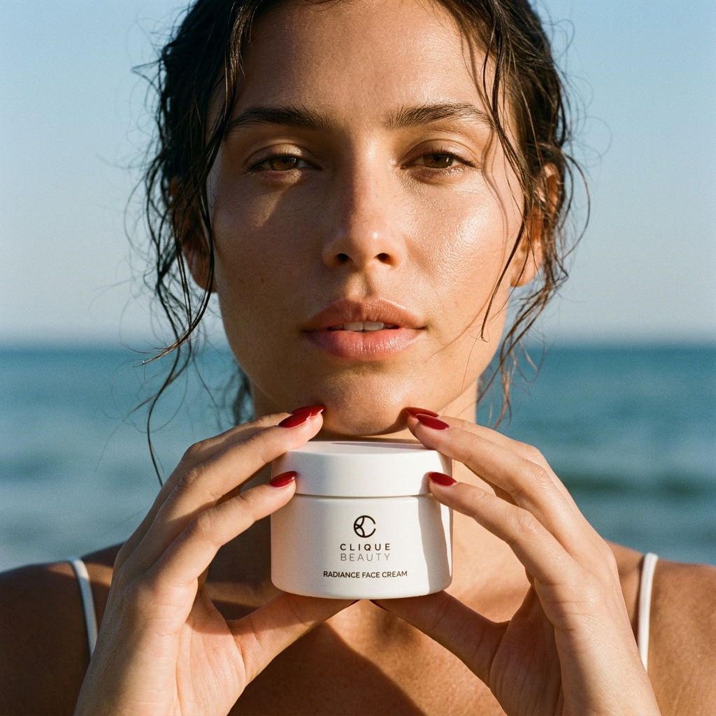 A woman holding a white jar of Clique Beauty Radiance Face Cream in front of a sunny beach background with the ocean and blue sky.