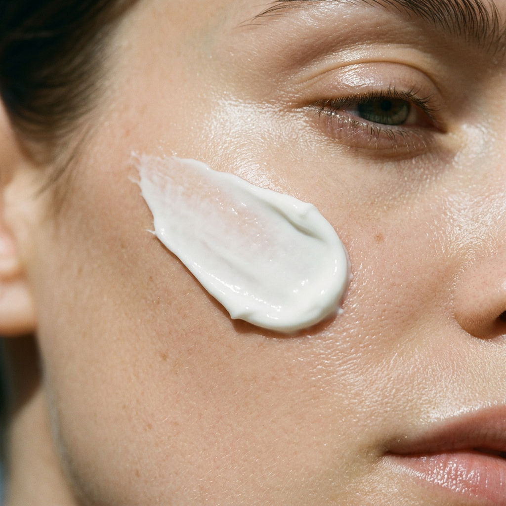 Close-up of a woman's face with a white cream applied to her cheek.