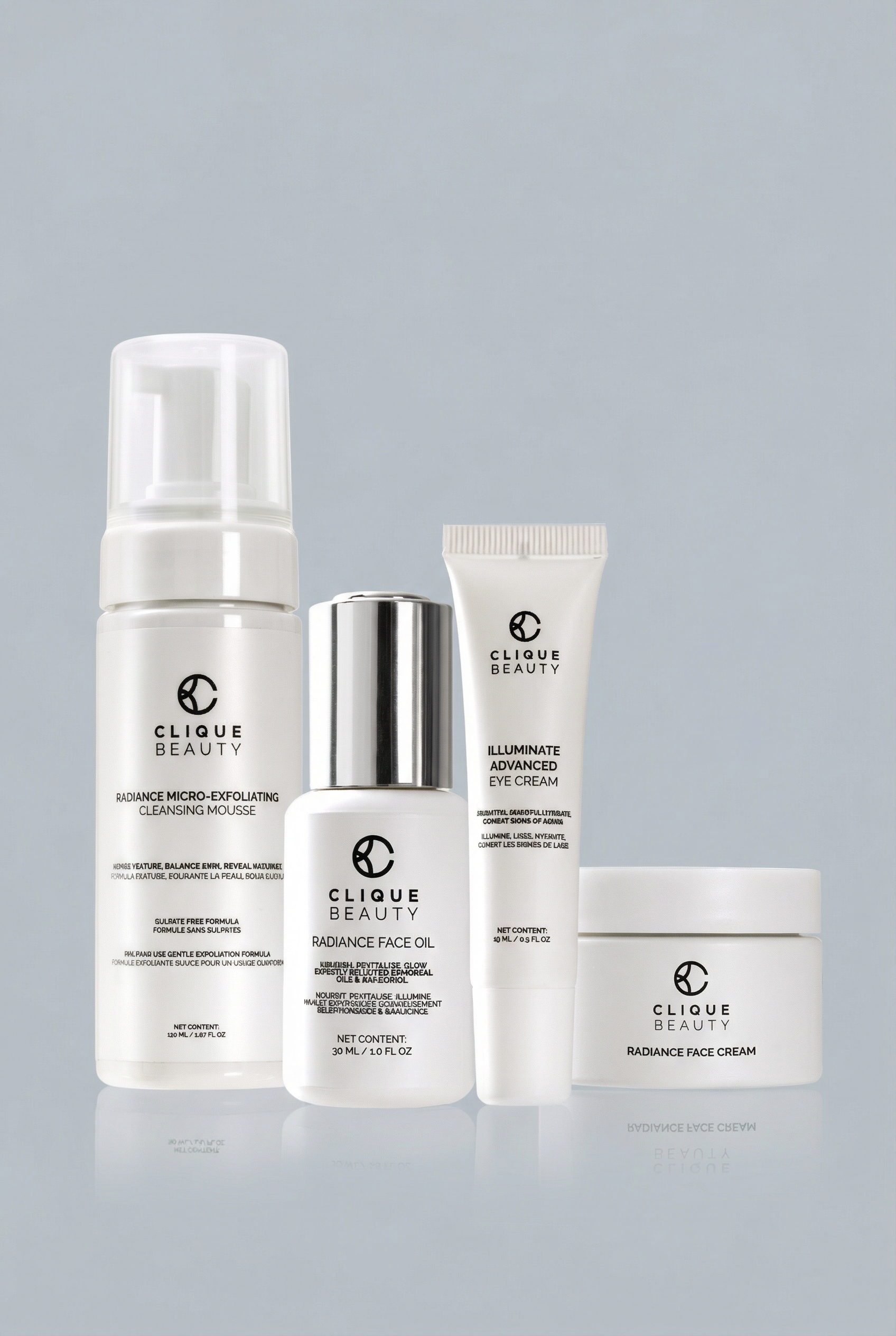 Set of Clique Beauty skincare products on a gray background
